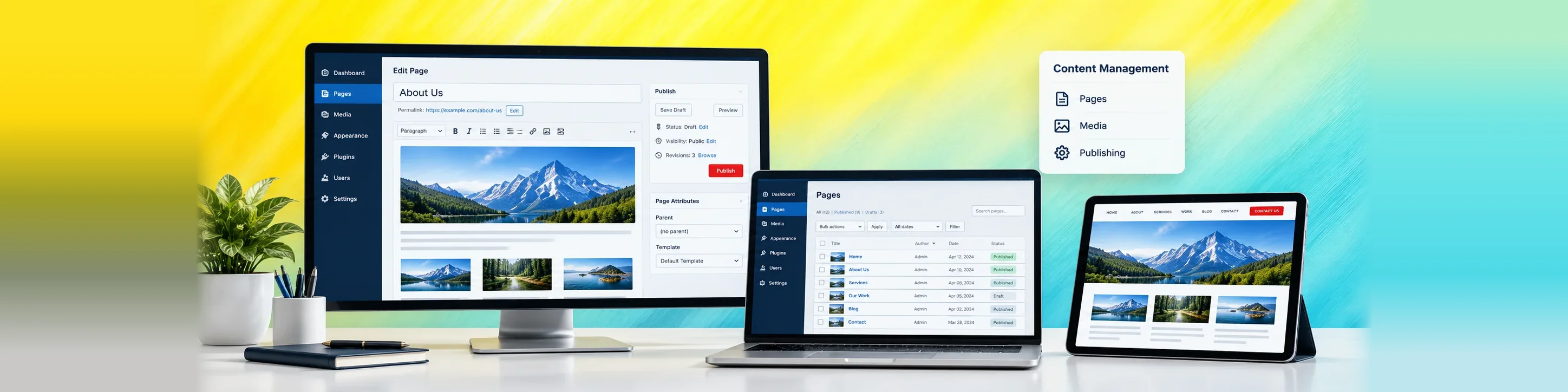 CMS editor, pages list and published website shown on a monitor, laptop and tablet