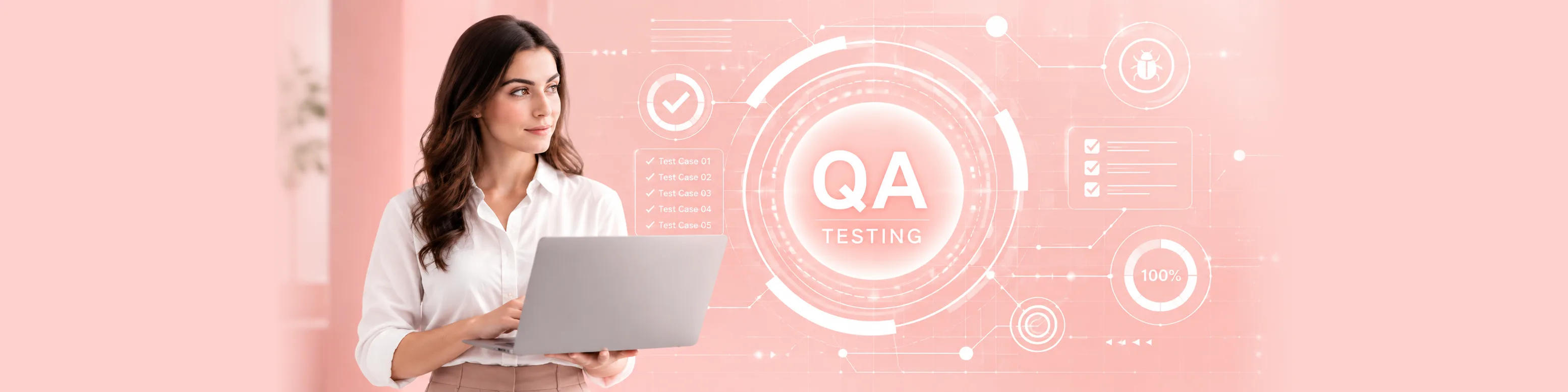 QA engineer with a laptop beside a QA testing dashboard