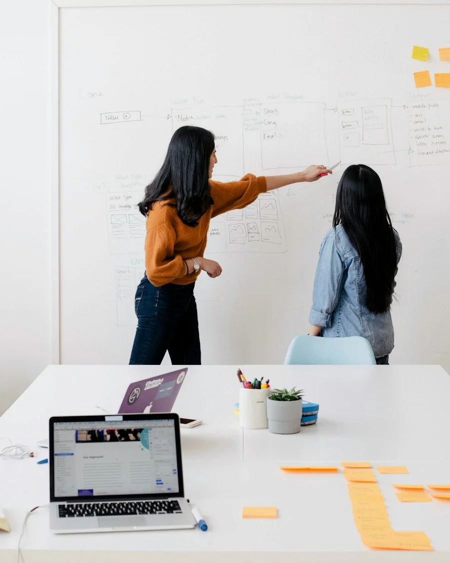 Consultants scoping a team plan on a whiteboard