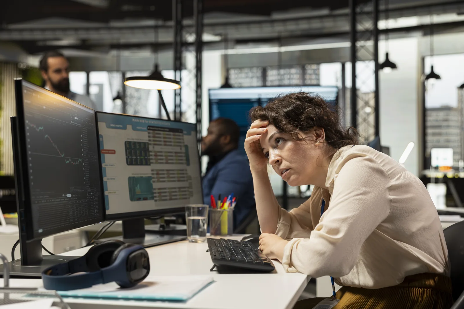 Frustrated employee at a desk looking at monitors full of disconnected data