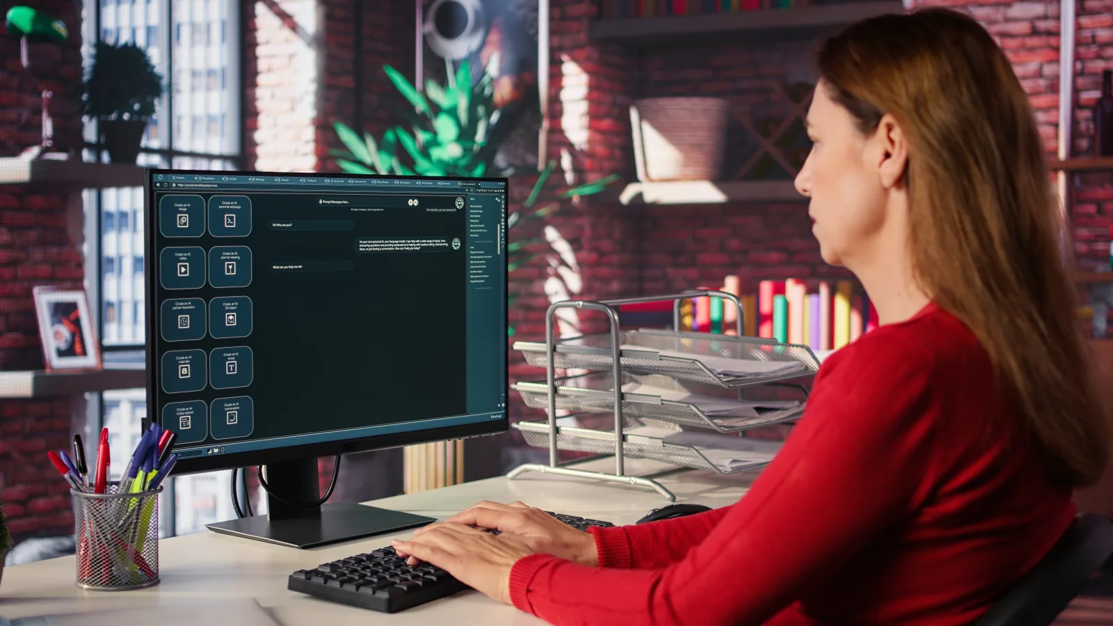 Developer typing at a desk in front of a monitor showing a product workspace