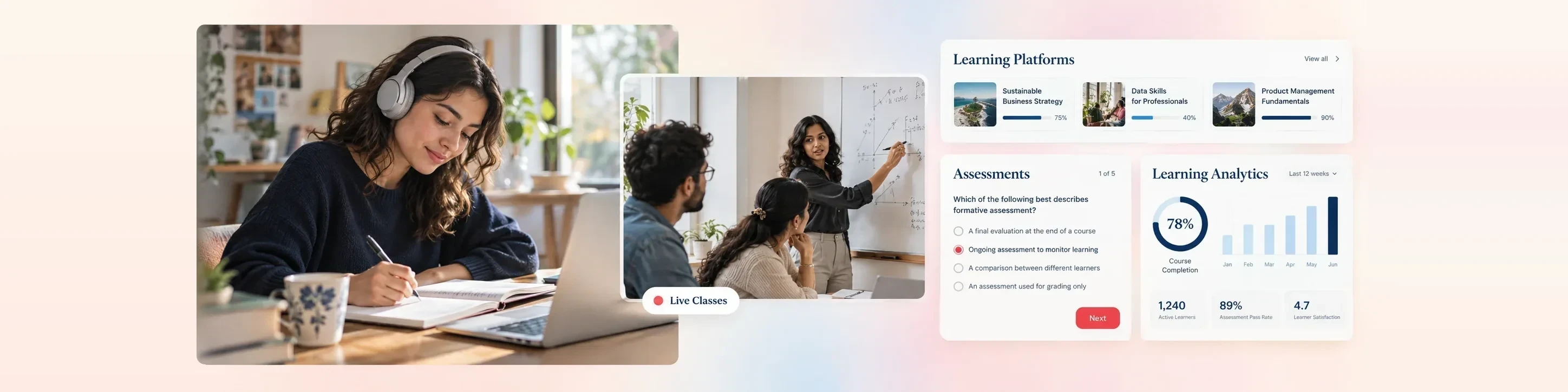 Students in a classroom with digital learning icons for LMS, AI, quizzes, video, and cloud